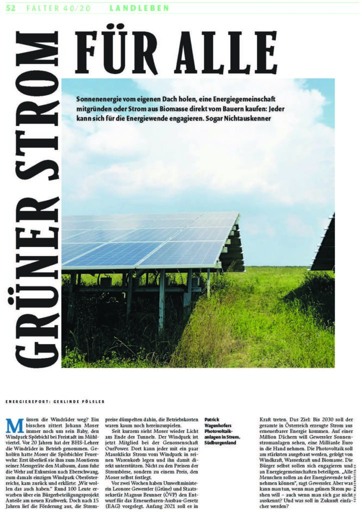 Grüner Strom für alle |Beitrag im Magazin Falter| Wagenhofer Erneuerbare Energien-Ökostrom | (c) Falter 2020