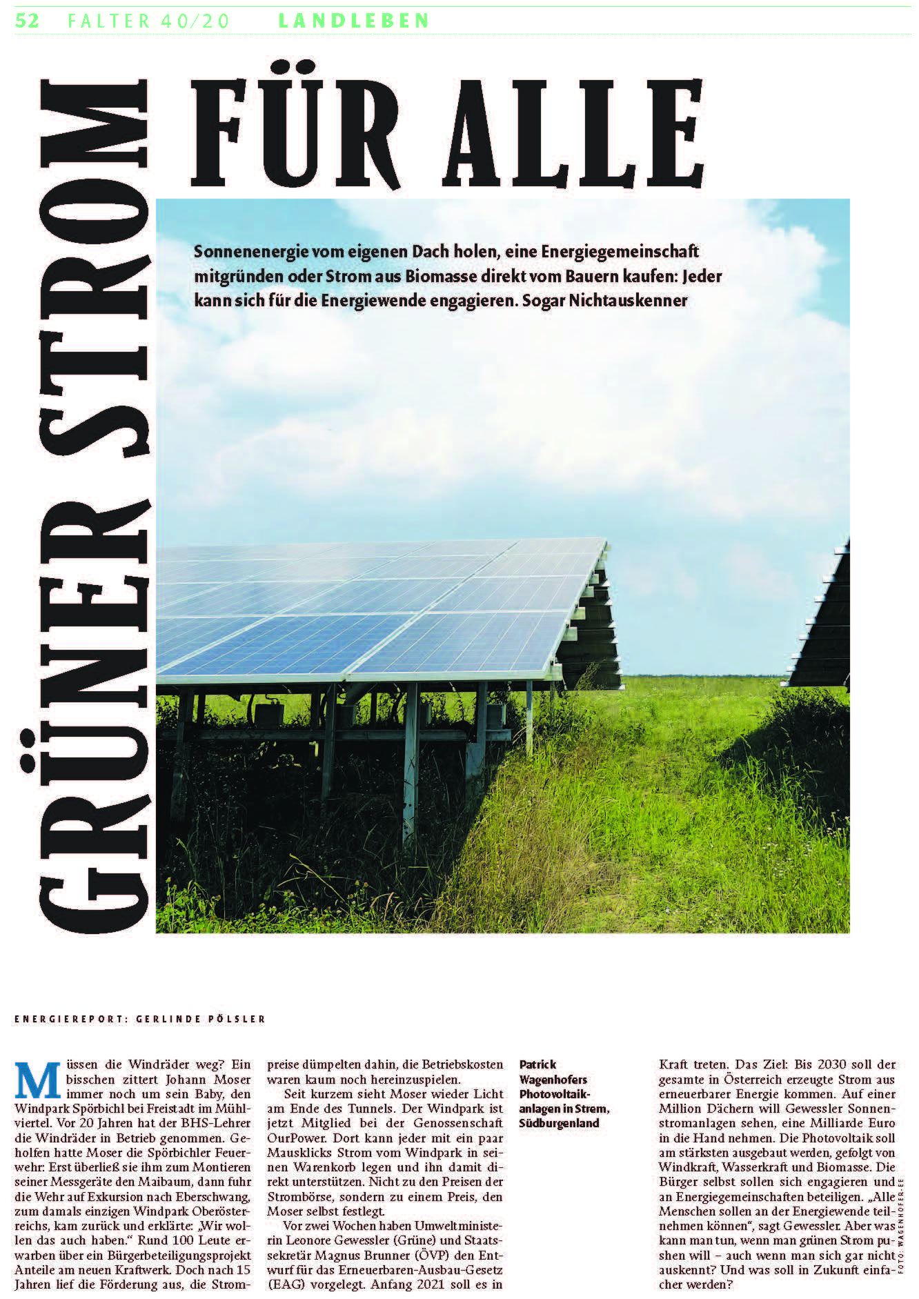 Grüner Strom für alle |Beitrag im Magazin Falter| Wagenhofer Erneuerbare Energien-Ökostrom | (c) Falter 2020